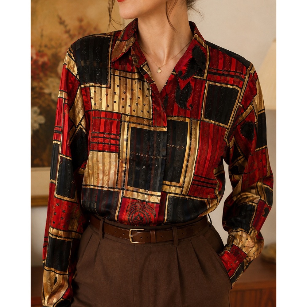 L 162 Vintage Alfred Dunner Blouse Red Black Gold Sheer Metallic Paisley Holiday